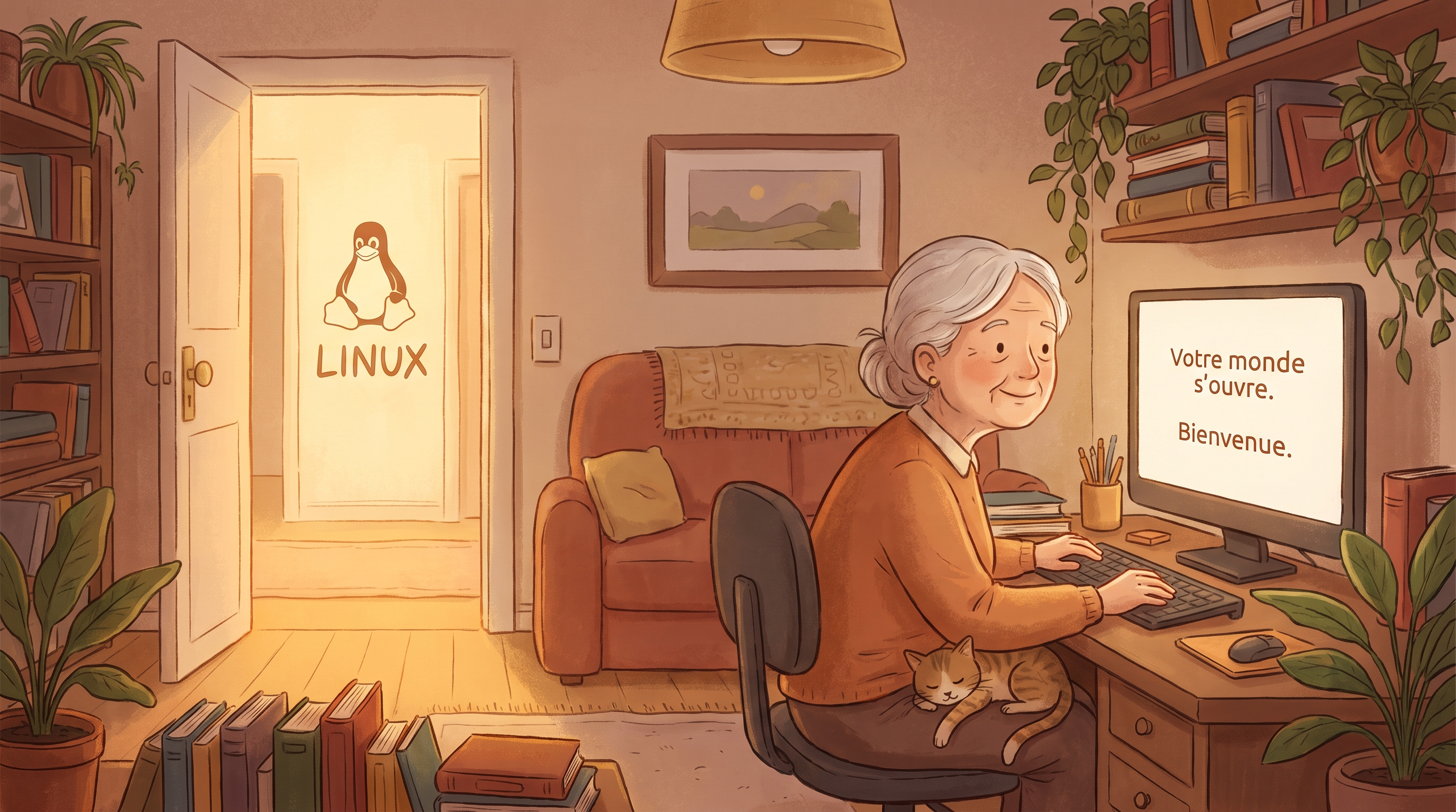 Illustration chaleureuse : une personne âgée devant un ordinateur, dans un cadre domestique rassurant, avec une porte entrouverte laissant passer une lumière douce — métaphore de l'ouverture vers Linux.