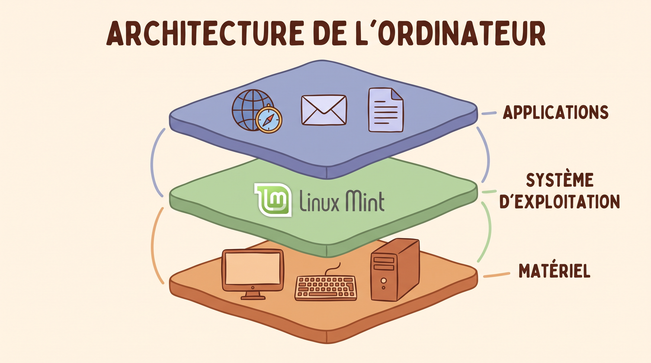 Schéma simple montrant un ordinateur avec trois couches : le matériel (écran, clavier), le système d'exploitation (Linux Mint), et les applications (navigateur, courriel, documents).
