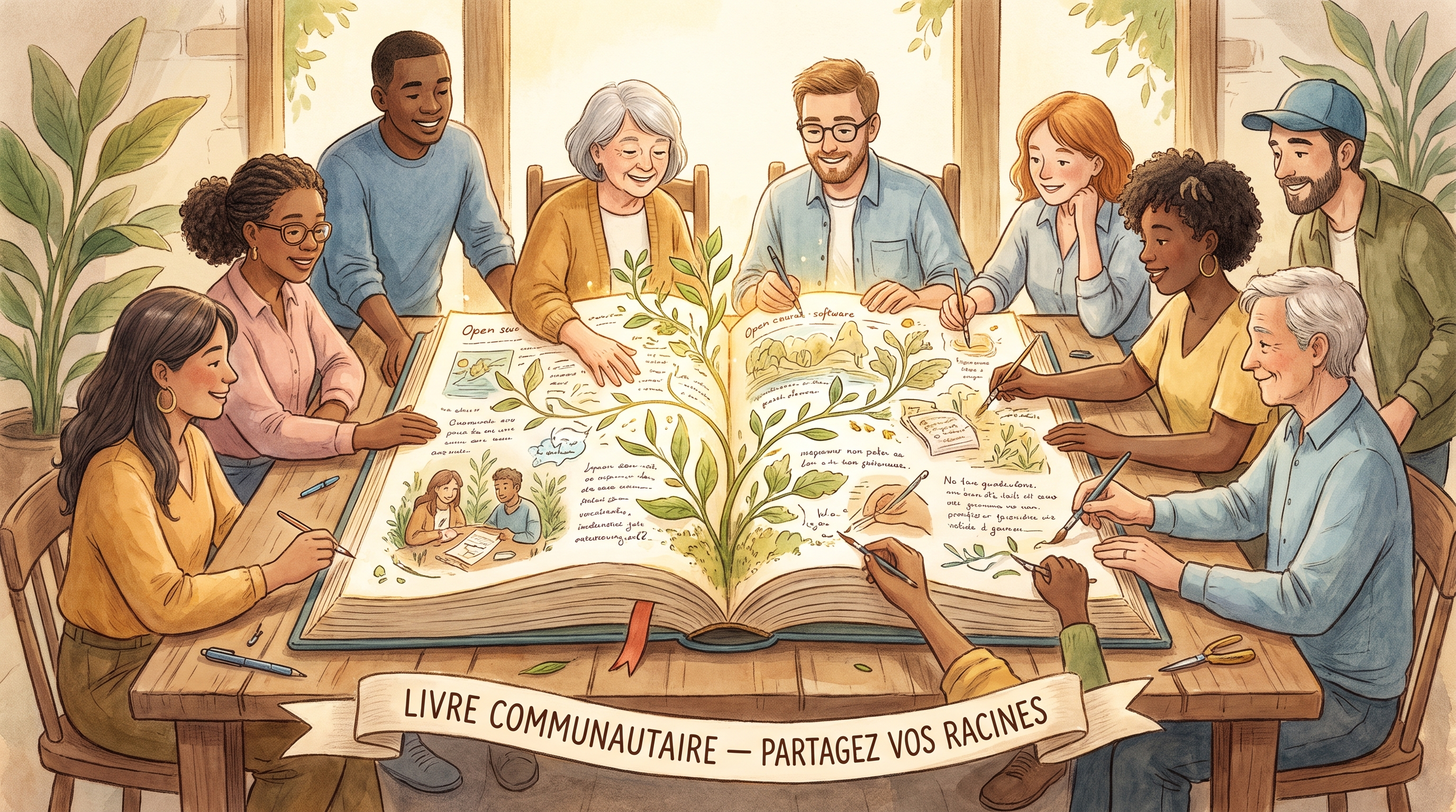 Illustration montrant un livre ouvert partagé entre plusieurs personnes — métaphore du code source accessible à tous et des contributions communautaires.
