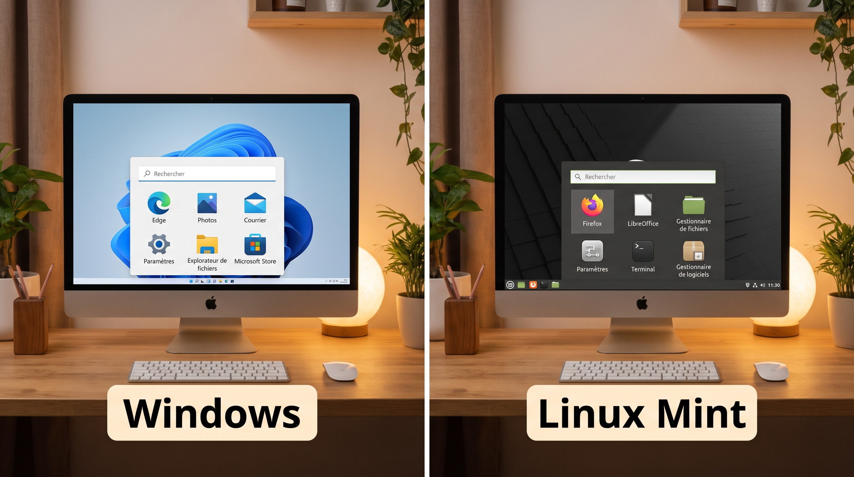 Comparaison côte à côte de deux bureaux d'ordinateur : à gauche Windows (menu Démarrer), à droite Linux Mint Cinnamon (menu similaire). Les deux doivent paraître familiers et rassurants.