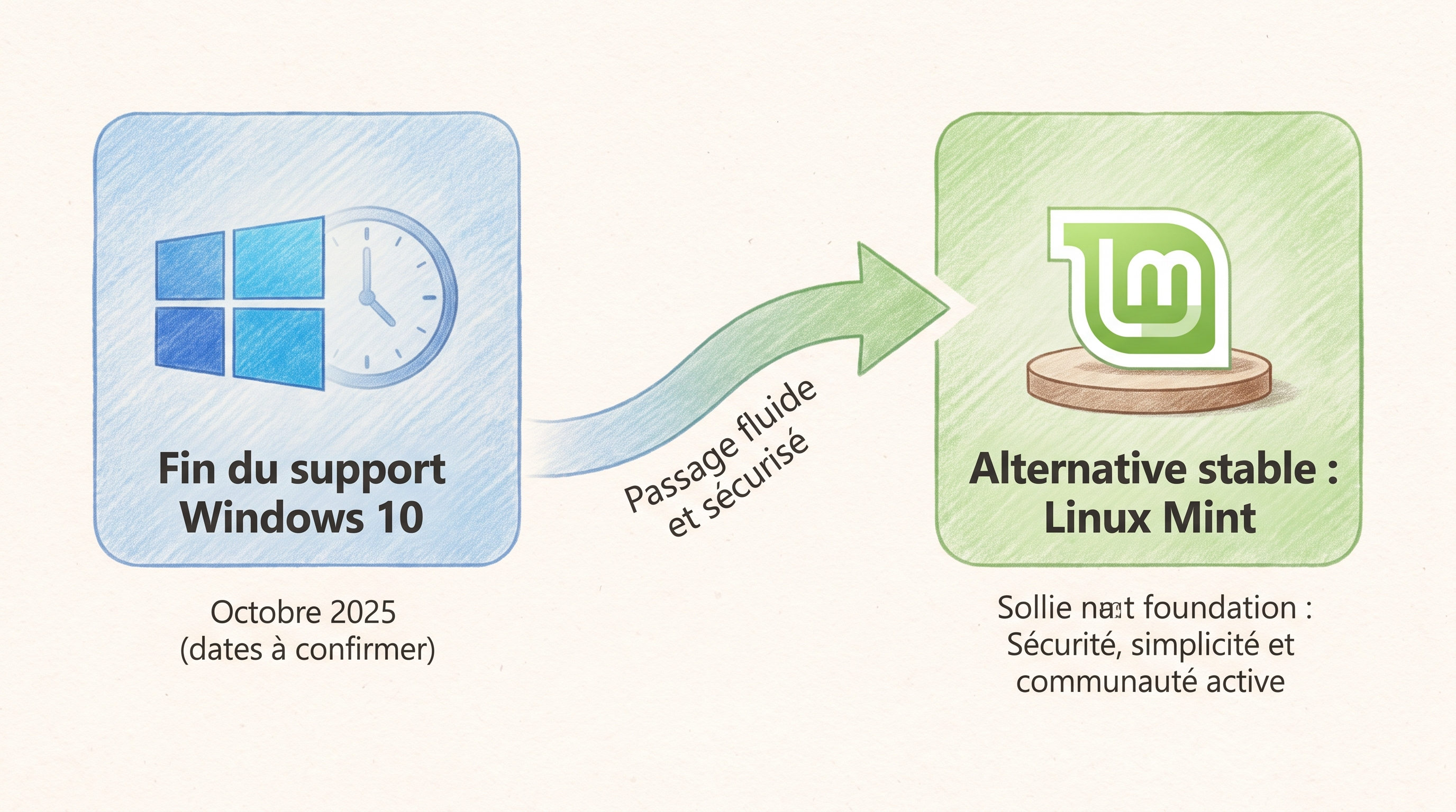Frise chronologique simple montrant la fin du support de Windows 10 et l'ouverture vers une alternative stable — ton informatif, pas alarmiste.