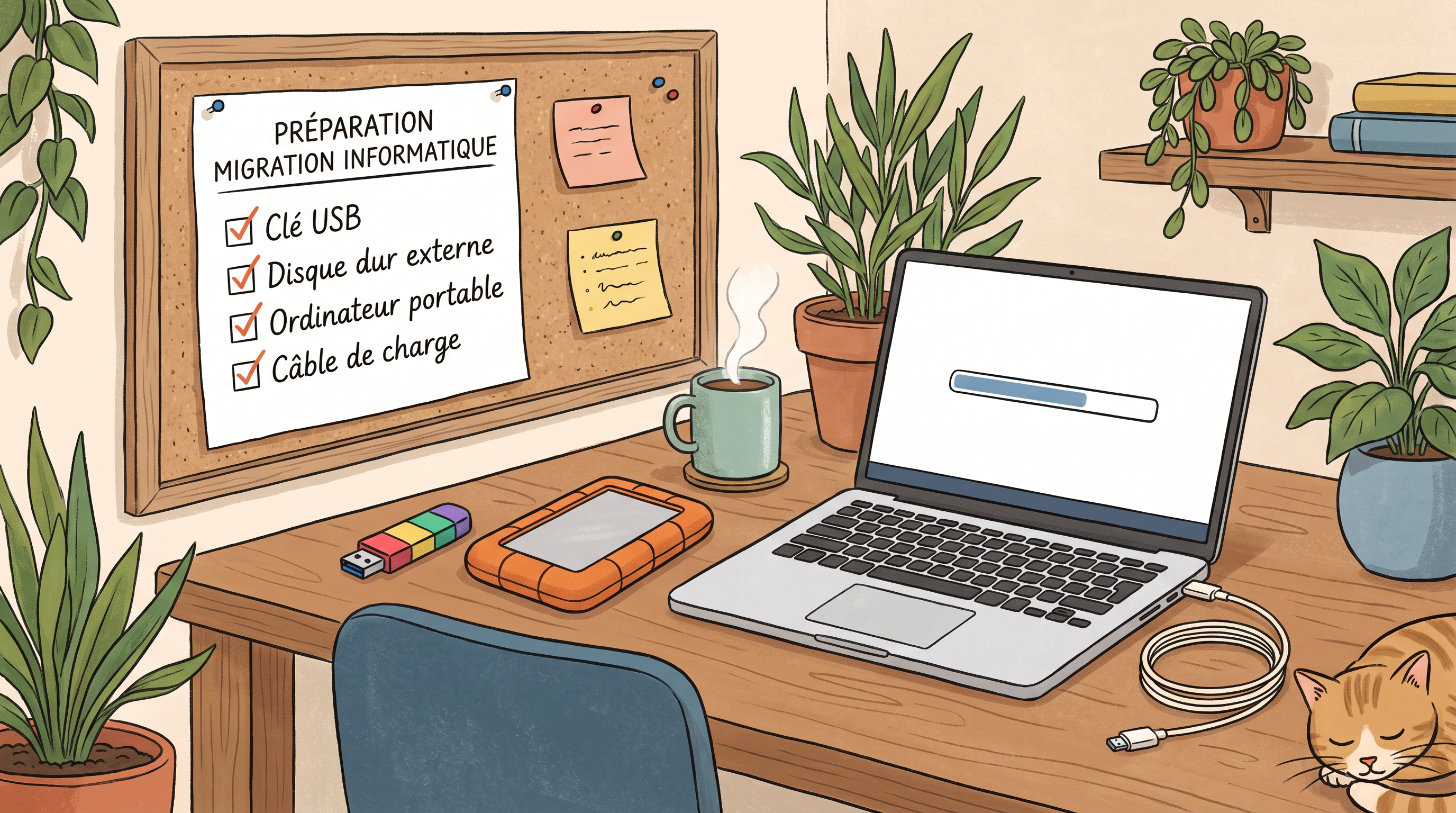 Photo ou illustration d'une liste de contrôle sur un bureau : clé USB, disque dur externe, ordinateur portable, câble de charge — matériel simple et identifiable.