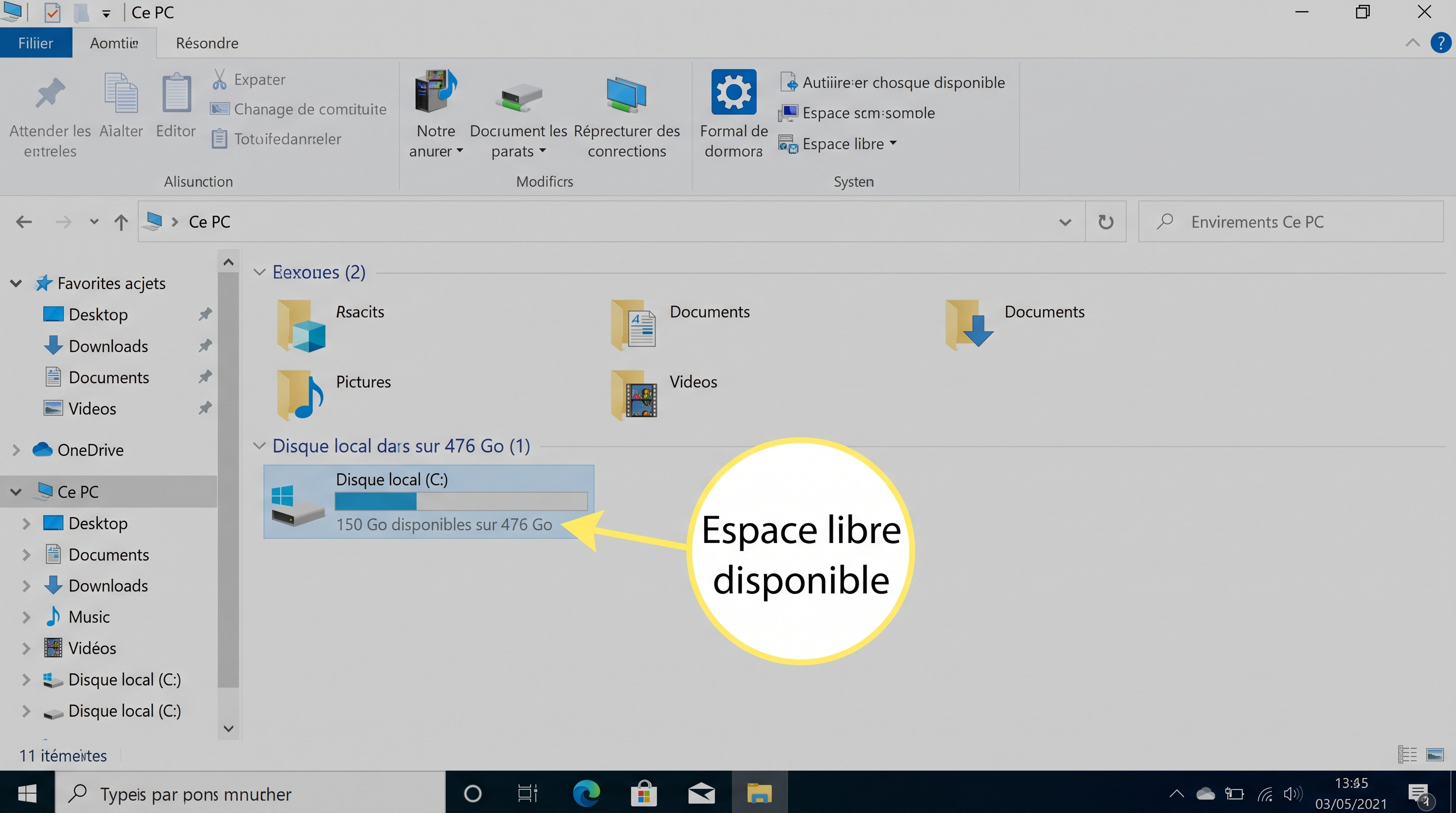 Capture d'écran de l'Explorateur de fichiers Windows montrant « Ce PC » avec l'espace libre indiqué sous le disque C:.