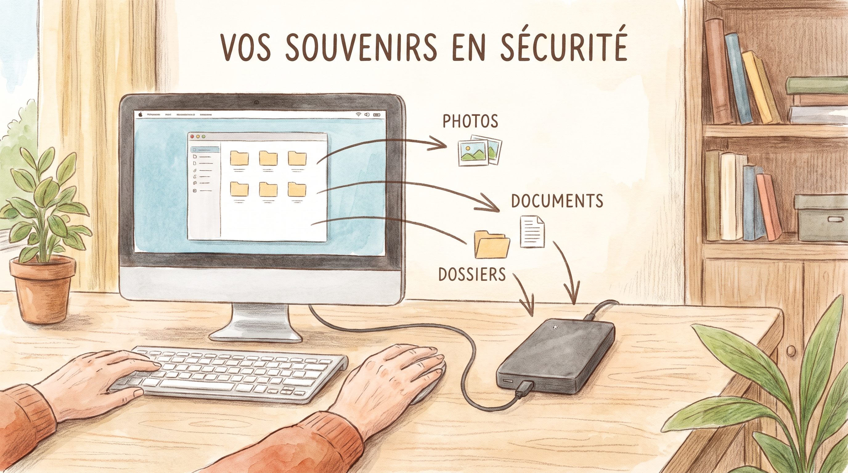 Illustration d'un disque dur externe connecté à un ordinateur, avec des icônes de photos, documents et dossiers se copiant vers le disque — flèches simples, ton rassurant.