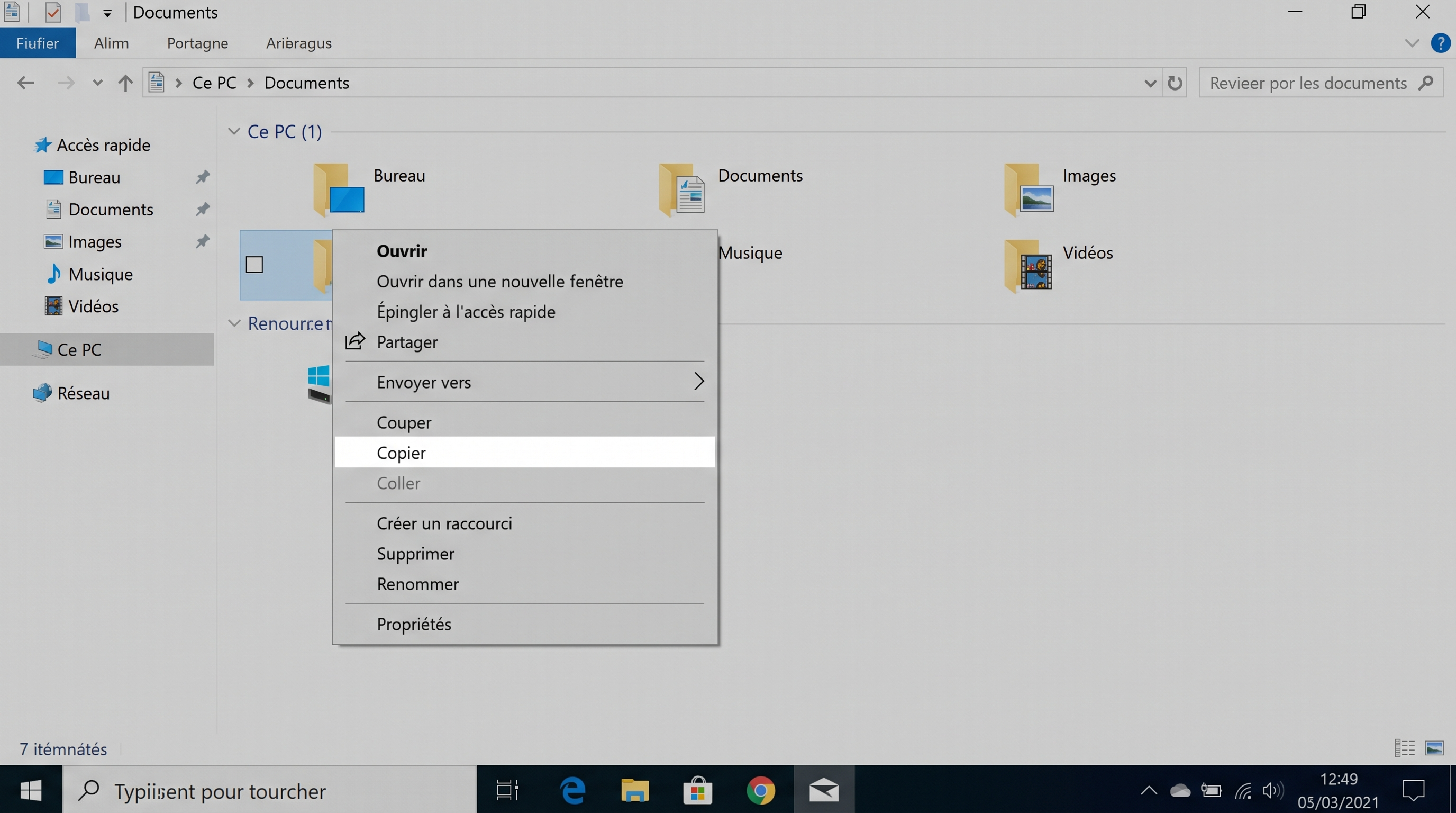 Capture d'écran montrant le clic droit « Copier » sur le dossier Documents dans l'Explorateur Windows.