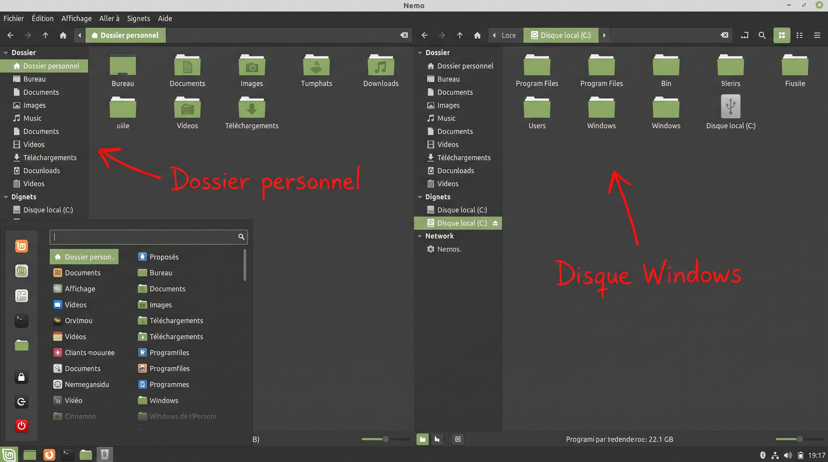 Gestionnaire de fichiers Linux Mint montrant le dossier personnel de l'utilisateur à gauche et, si en double démarrage, le disque Windows accessible à droite.